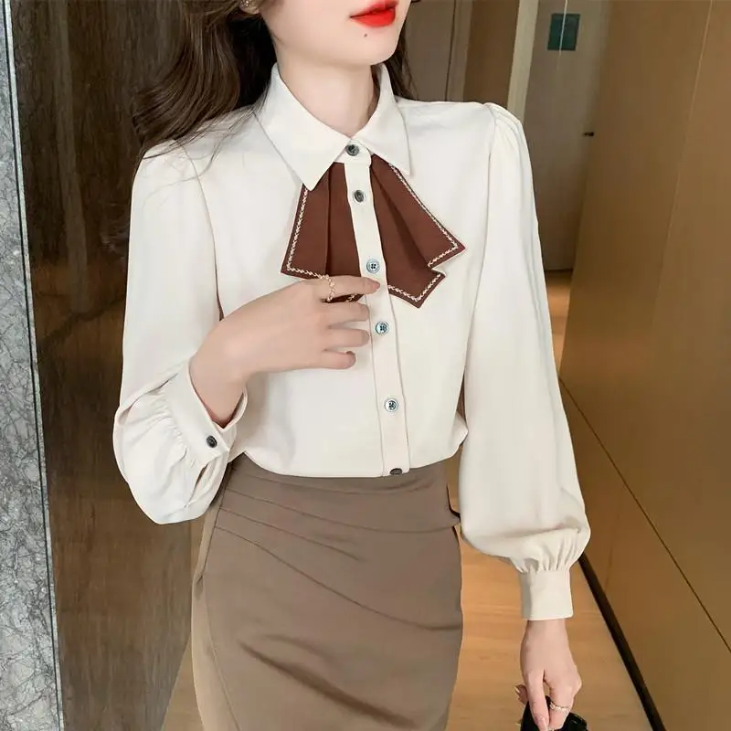 Spring Autumn New Temperament Patchwork Turn-down Collar Long Sleeve Blouse Female Simplicity Buttons Chiffon Women\'s Shirt Tops