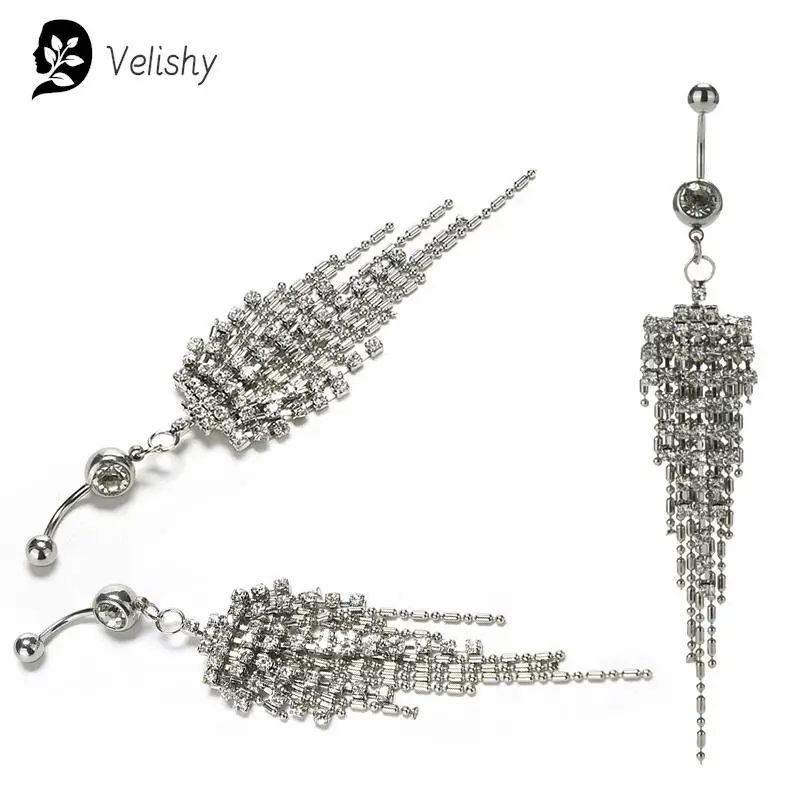 1Pc Surgical Steel Crystal Rhinestone Dangle Belly Button Ring Fashion Body Jewelry Clear Gem Tassel Navel Piercing 316L