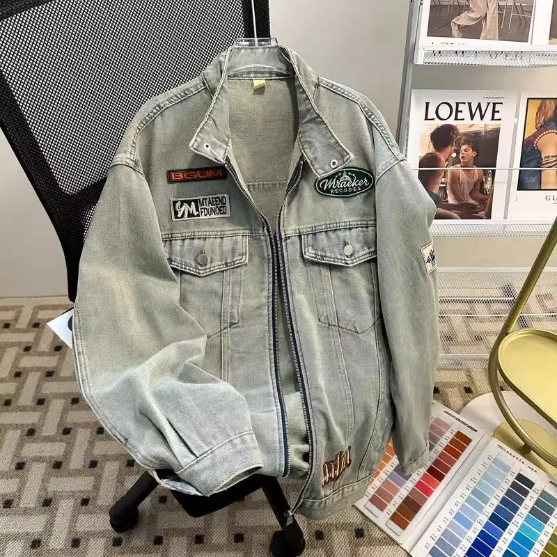 

Мужская джинсовая куртка-кардиган оверсайз в американском винтажном стиле, свободного кроя, для мотоциклистов, новинка 2025 года