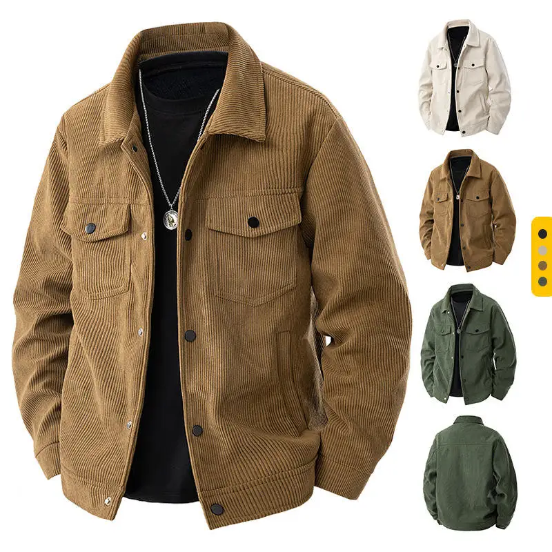 

Casual Men's Corduroy Jaet Collared Outerwear Loose Fit Fce Lined Autumn Spring Thin Sve Stand Length Color