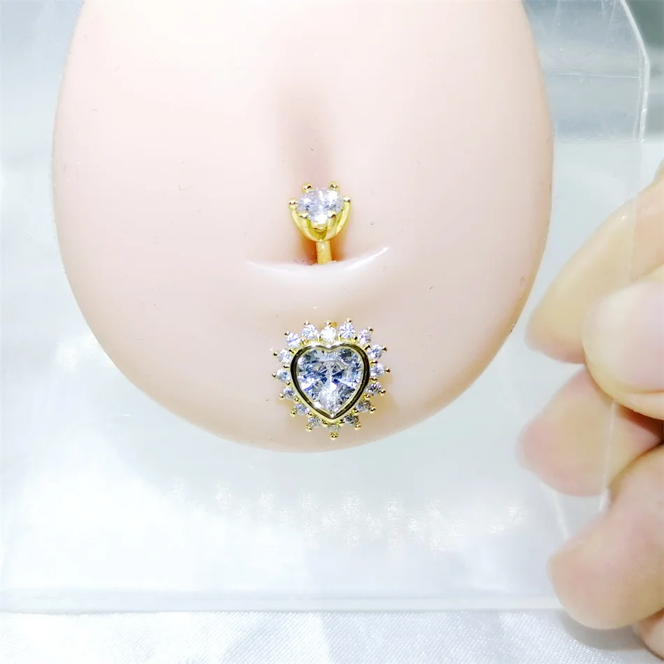 Bright CZ Zircon Heart Belly Button Ring 14G Medical Titanium Surgical Steel Bar Navel Piercing Women Jewelry Gold Silver Color image 3