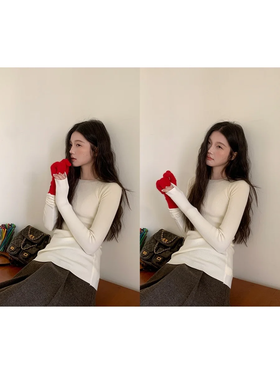 

Мягкий белый круглый вязаный базовый топ 2025: осенне-зимняя коллекция, простой, модный, универсальный женский топ, очень удобный, свободный крой