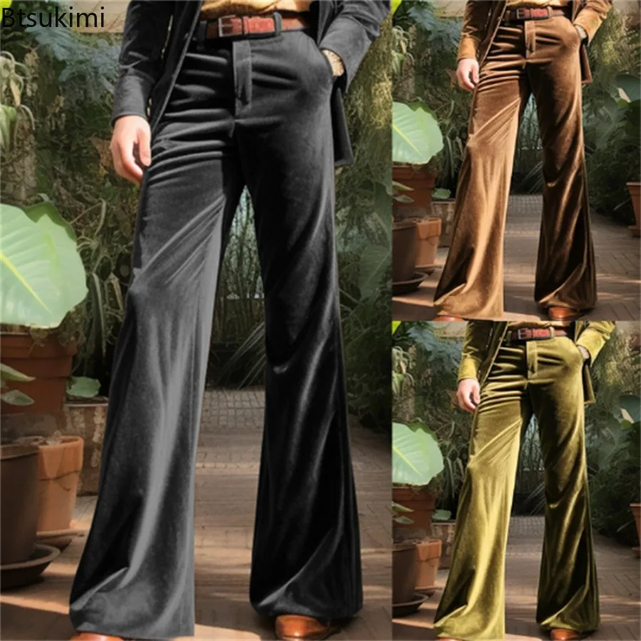 

New Fashion Velvet Flared Trousers 2025 Fall Winter Men's Vintage Solid Suit Pants Casual Vacation Wide Leg Pants Man Streetwear