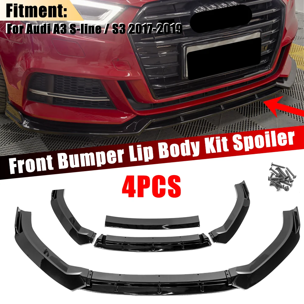 

4PCS Car Front Bumper Lip Spoiler Splitter Diffuser Detachable Body Kit Cover Glossy Black For Audi A3 S-line / S3 2017-2019