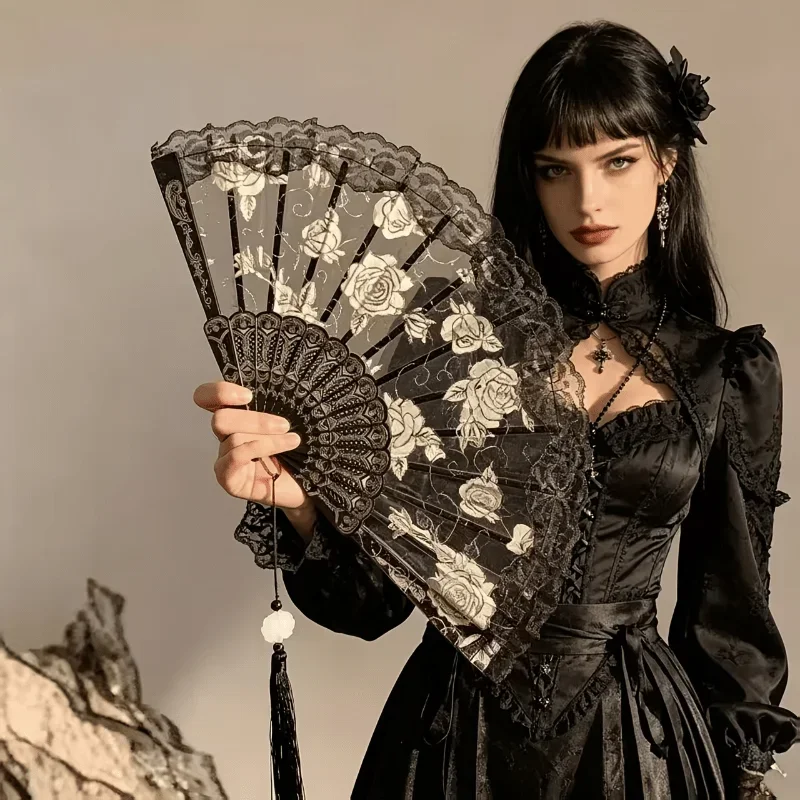 Gothic Rose Lace Folding Hand Fan Vintage Floral Foldable Fan with Tassel Retro Lolita Handheld Fan Wedding Party Cosplay