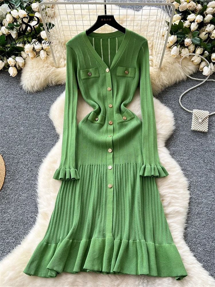 SINGREINY Autumn Office Lady Long Dress Women Winter V Neck Long Sleeves Chic Button Ruffles 2024 Sweet Streetwear Knitted Dress