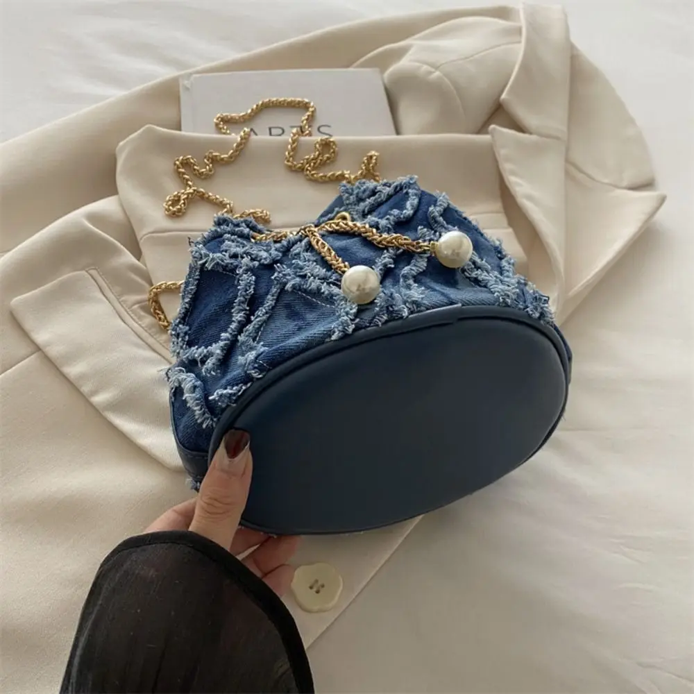 المحمولة اللؤلؤ الدنيم دلو حقيبة يد سلسلة شرابة الدنيم حقيبة كروسبودي الكورية نمط محفظة صغيرة القماش حقيبة كتف الزفاف