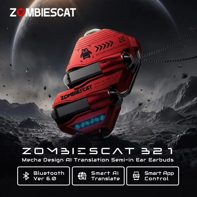 Zombies Cat B21 Ai Translation Earbuds HiFi Stereo Bluetooth 6.0 Headphone Semi In Ear TWS Wireless Earphone with Metal Necklace