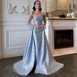 Elegant Birthday Party Dresses Satin Sheath/Column 2025 Luxury Evening Dress Blue Strapless Pearl Beadings Celebrity Gown Long
