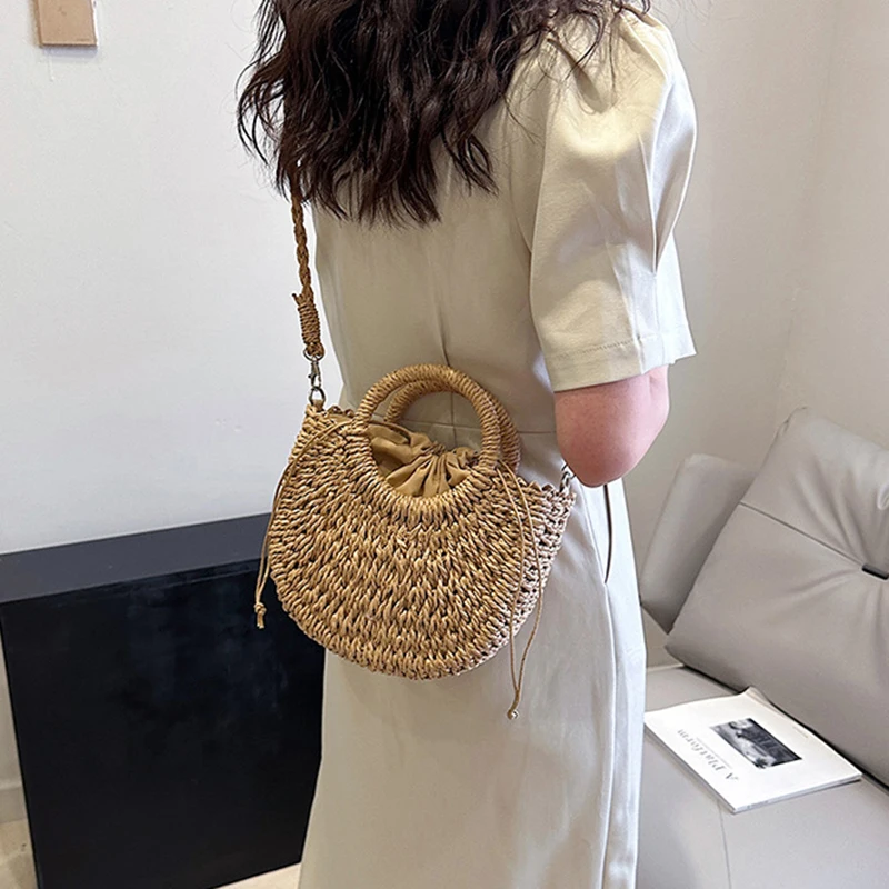 2026 NEUE Sommer Damen Handgefertigte Gewebte Stroh-Rattan Halbmond-Strandtasche Große Kapazität Hohle Crossbody Schultertasche – Detail 11
