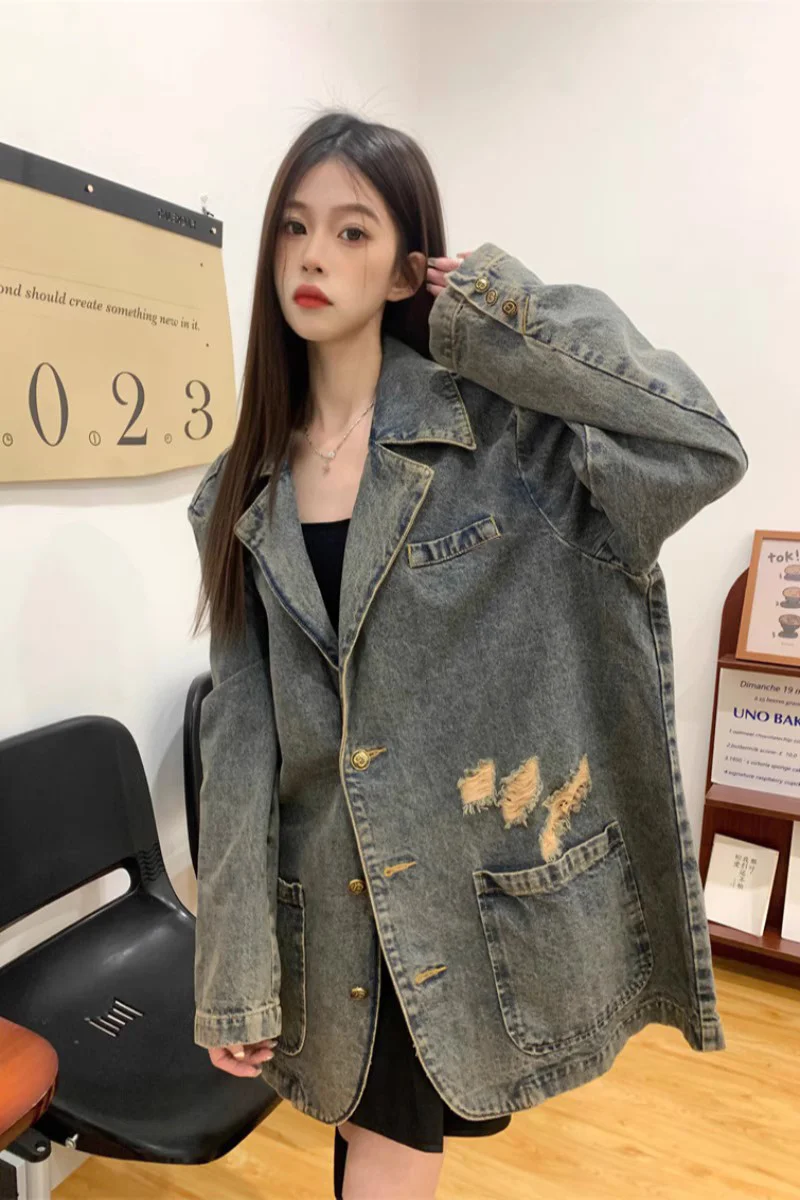 

Denim Coat Brown Color Womens Spring Velvet Raglan Balloon Sleeved Romantic O-Neck Spliced Festival Sweet Baddie Style Kpop Chic