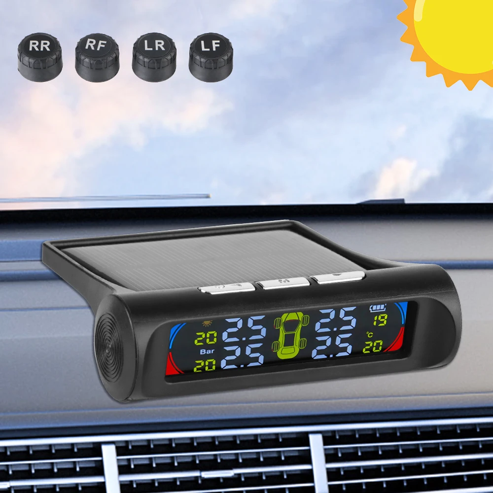 AN01 testeur numérique de température des pneus TPMS solaire pour automobile système de surveillance de la pression des pneus de voiture 4 capteurs TPMS avertissement de sécurité automatique