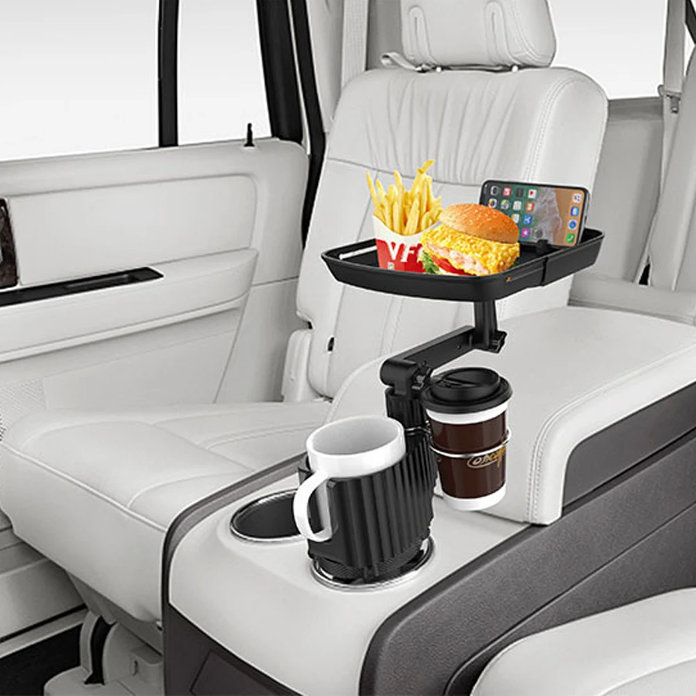 Car Cup Holder Tray - Foldable Adjustable Car Eating Tray with Cup Holder Expander for Food, Drinks, Phone