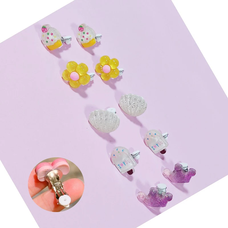 5pairs/set Kids Cute Star Shell Crown Ice Cream Clip On Earrings Child Children No Ear Hole Earrings Painless Earring Gift