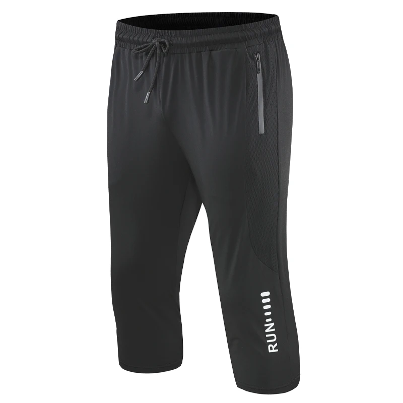 Men Sports Cropped Pants Letter Printing Zipper Pocket Gym Training 3/4 Trousers Casual Fitness Running Sweatpants