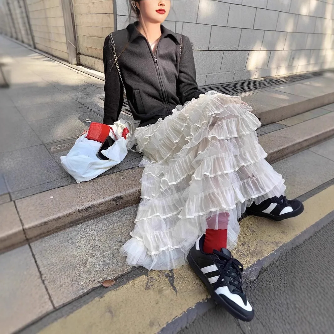 

Элегантная многослойная юбка-миди с эластичным поясом в корейском стиле, из полиэстера, с завышенной талией