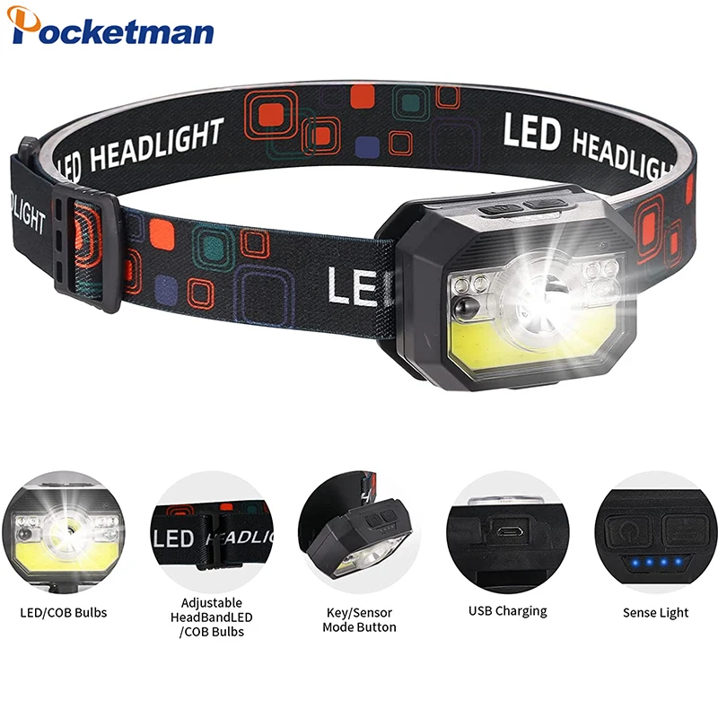 

IR Motion Sensor COB+LED Headlamp USB Rechargeable Headlight Portable Induction Head Lamp Waterproof Head Flashlight