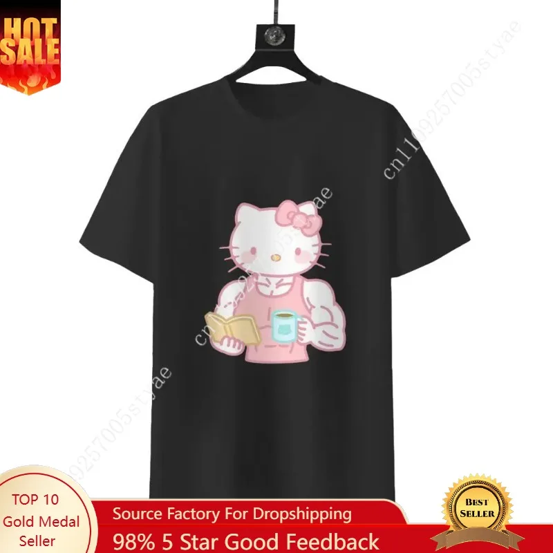 

Футболка SANRIO Gym Rat Hello Kitty - черная футболка с изображением Hello Kitty, держащей кофейную чашку, для летнего сезона