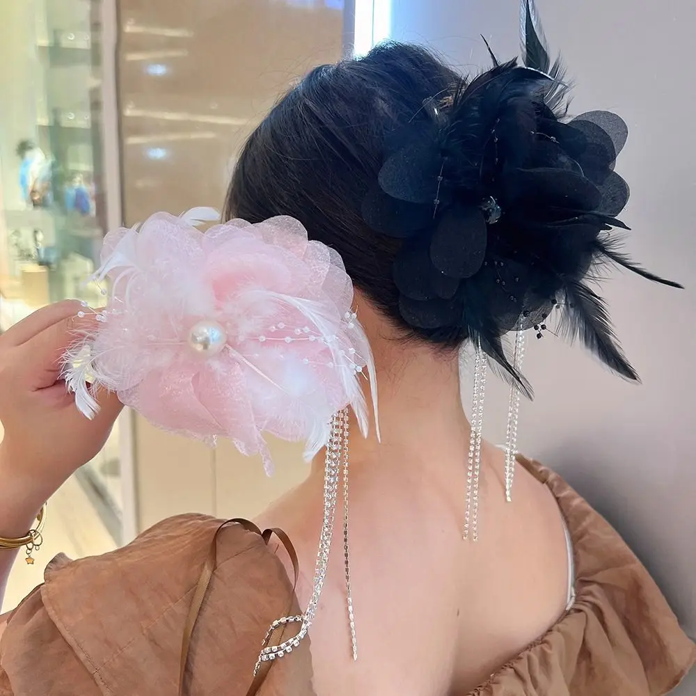 

Elegant Feather Flower Tassel Hair Claw Cloth Fairy Shark Clip Large Pearls Grasping Clip for Women Girl