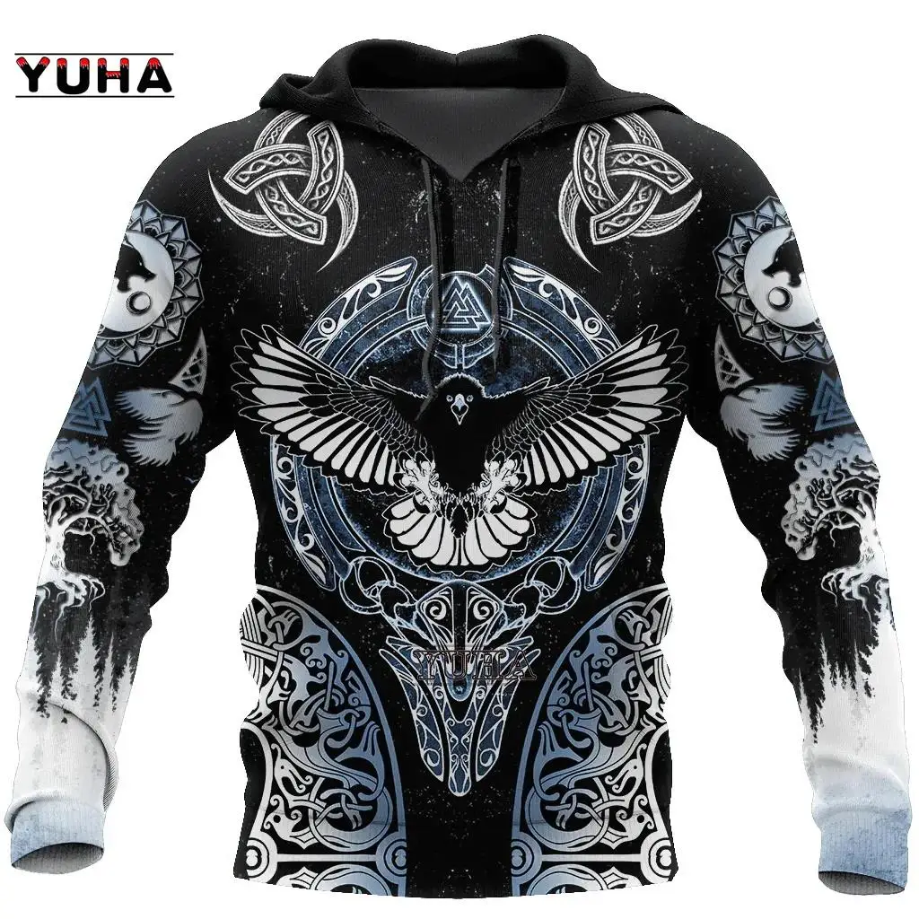 النسر/الغراب الوشم Vegvisir الأحمر ثلاثية الأبعاد في جميع أنحاء مطبوعة الرجال هوديي والبلوز للجنسين أغطية رأس بسحاب ملابس رياضية غير رسمية #6