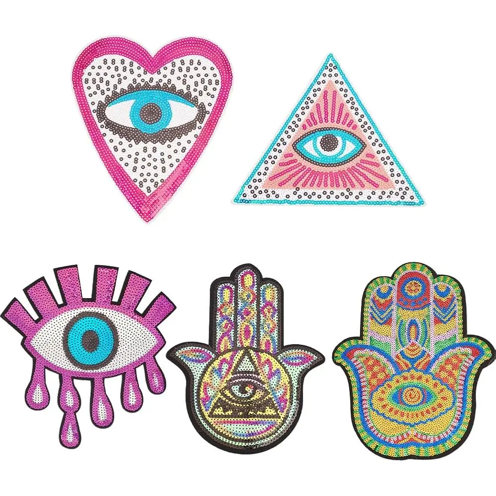 

5pcs Evil Eye Sequin Patches 9.8\x8.2\ Palm Heart Evil Eyes Iron-on Applique Colorful Embroidery Sew-on Patches Triangle Evi