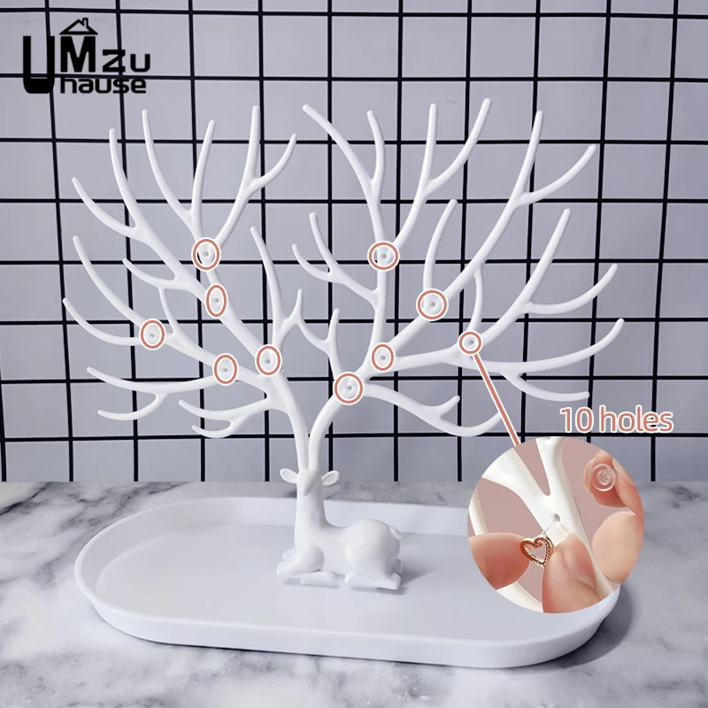 Earring Necklace Holder Ring Stud Bracelet Jewelry Display Stand Creative Deer Tree Branch Rack Key Storage Organizer with Tray