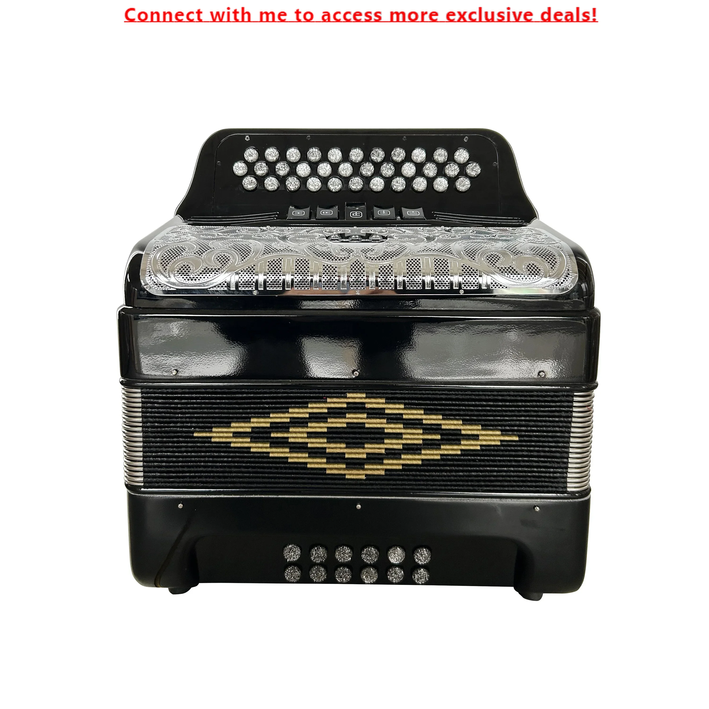 

SEASOUND JB3412D Professional Accordion Instrument 34 Buttons 12 Bass 5 Registers Bright Black With Silver Grill Silver Buttons