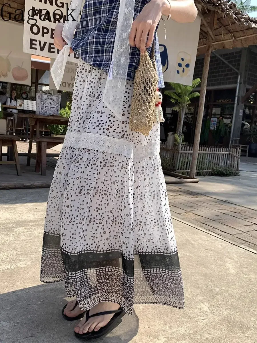 

Women Skirt Splicing Hollowed Out Printed High Waisted A-line Floral Skirts 2025 Spring Summer New Casual Slim Clothes