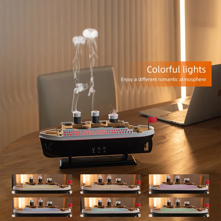 2025 New Creative Ship Design Aroma Diffuser Air Humidifier, Essential Oil Diffuser with Remote Control Timing Colorful Lighting