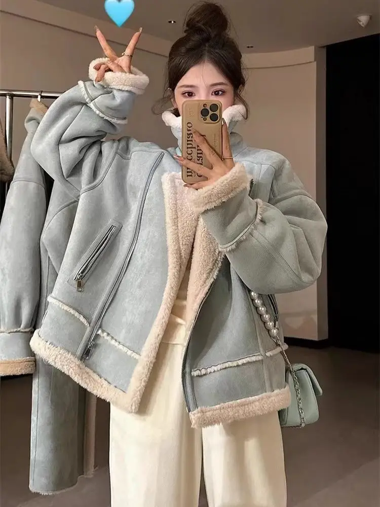 Korea Fur Velvet Padded Zipper Motorcycle Suit Autumn And Winter New Female Korean Version Loose Lamb Fur Coat Lady