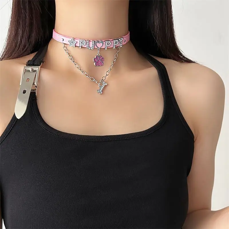 Couro strass sexy senhora longo pescoço colar diy personalizado gótico role-playing brinquedo sexy