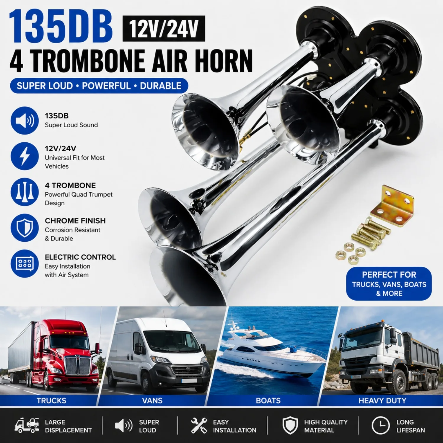 Heavy Duty 4 Trumpet Air Horn Kit, 135dB Black Chrome Electric Horn, 12V/24V for Truck, Trailer, Pickup, Boat & RV