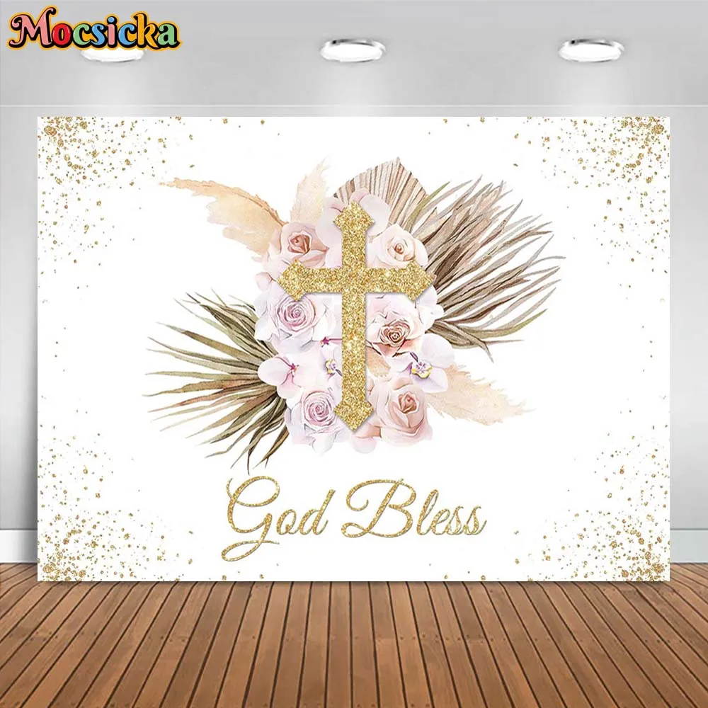 

Mocsicka Bohemian Newborn Christening Backdrop Photography God Bless Girl First Holy Communion Baby Baptism Background Photocall