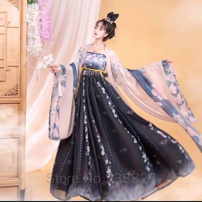 فستان صيني Hanfu المرأة القديمة تأثيري فساتين تانغ سلالة الشعبية أثواب رقص قميص بأكمام كبيرة كيمونو دعوى هالوين