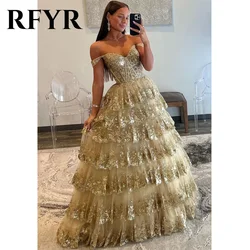 RFYR Puffy Gold Evening Dress Off  Shoulder Vestidos De Noche Sweetheart Layered Prom Dress Appliques Party Dress Customized