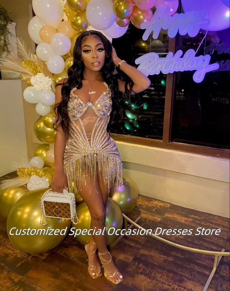 Brilho frisado borla mini vestidos de baile para meninas africanas luxuoso cristal vestidos de festa de aniversário 2025 vestido de cocktail personalizado