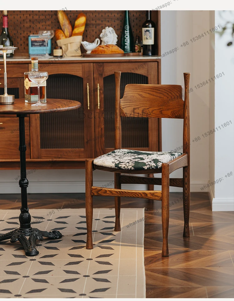 Solid Wood Dining Chair Home Backrest Dressing Chair Vintage Upholstered Chair