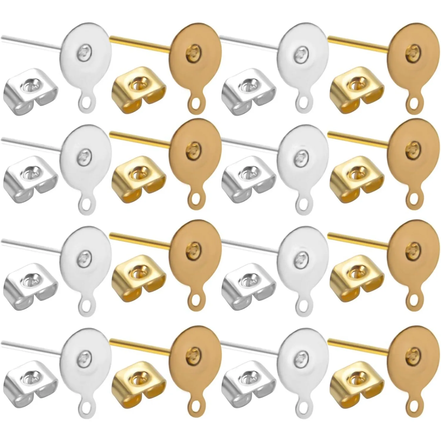

200 шт., стойки для сережек из нержавеющей стали, плоская подушечка с петлей и 200 шт., задние части сережек-бабочек для изготовления сережек, золото и серебро