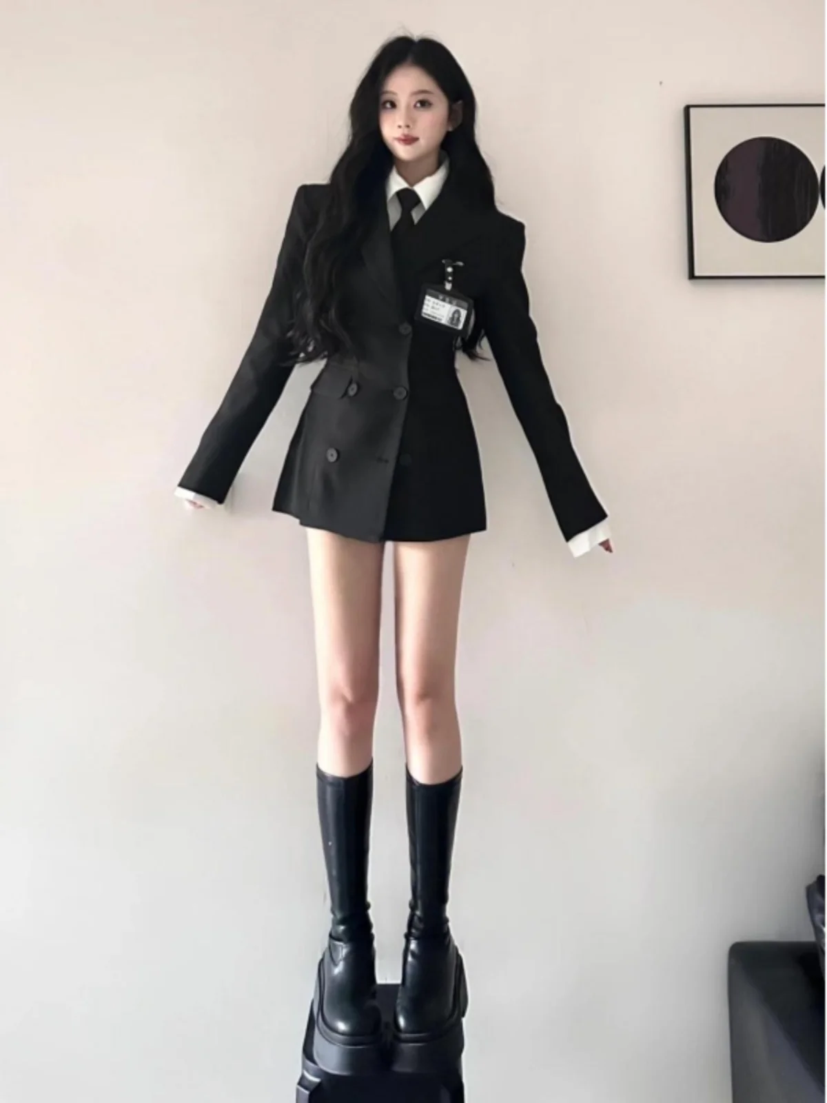 

Korean Drama College Sle Women's Suit Set Waist-Cinching Sweet-and-Spicy Skirt Button-Up Long Sve Tee-Piec...