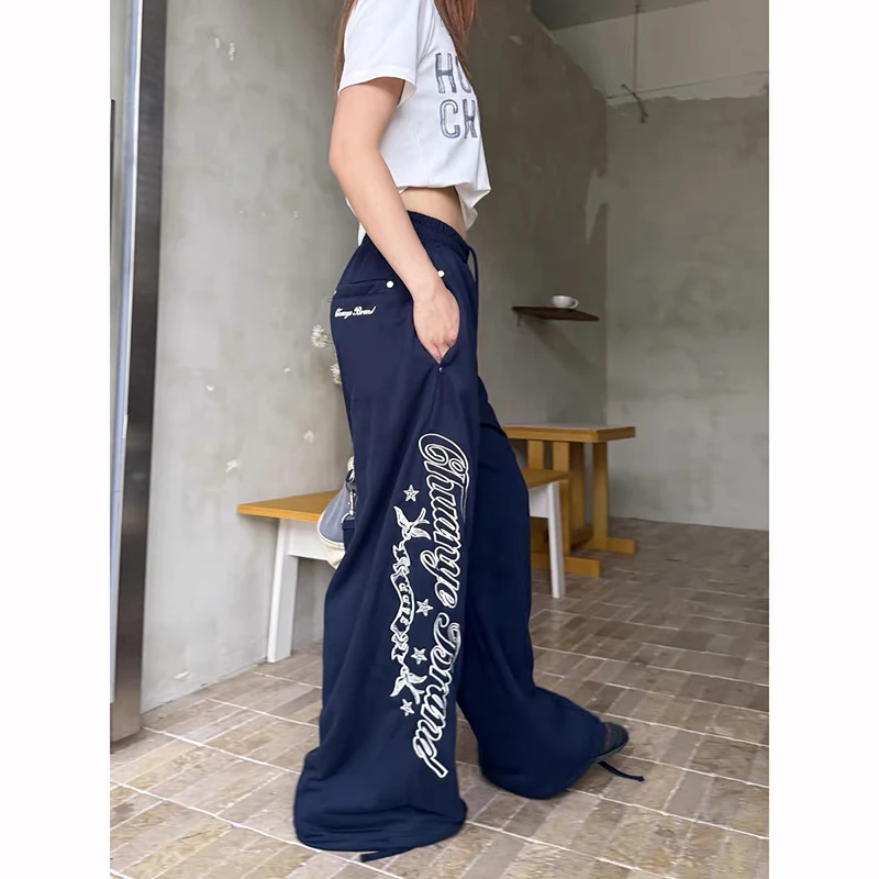 ZHIZOU Women Blue Baggy Pants Oversize Sweatpants with Elastic Band Harajuku Aesthetic 2000s Style Y2k Vintage Trousers Clothes