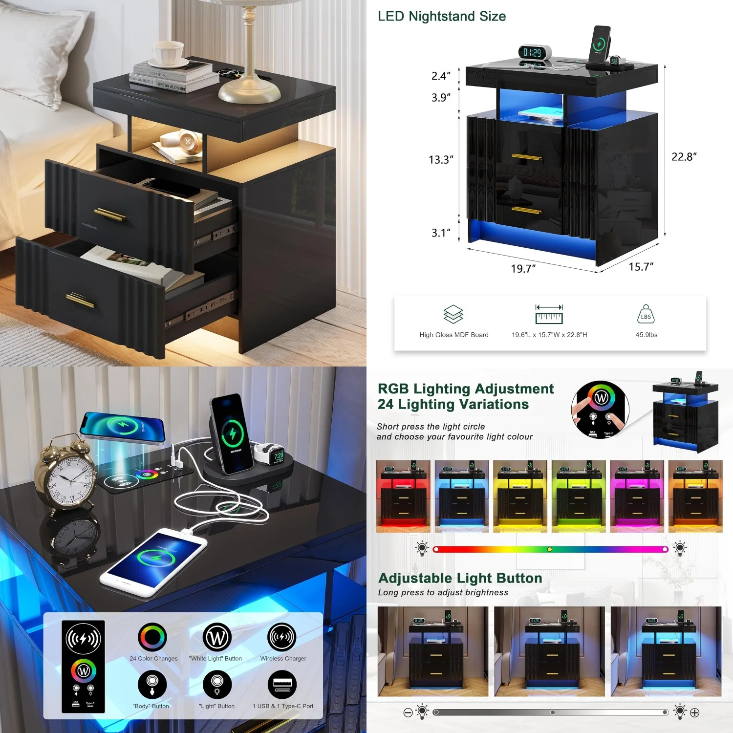 RGB Wireless Charging Nightstand 2-Drawer Bedroom Bedside Modern Side Table Black, Customized