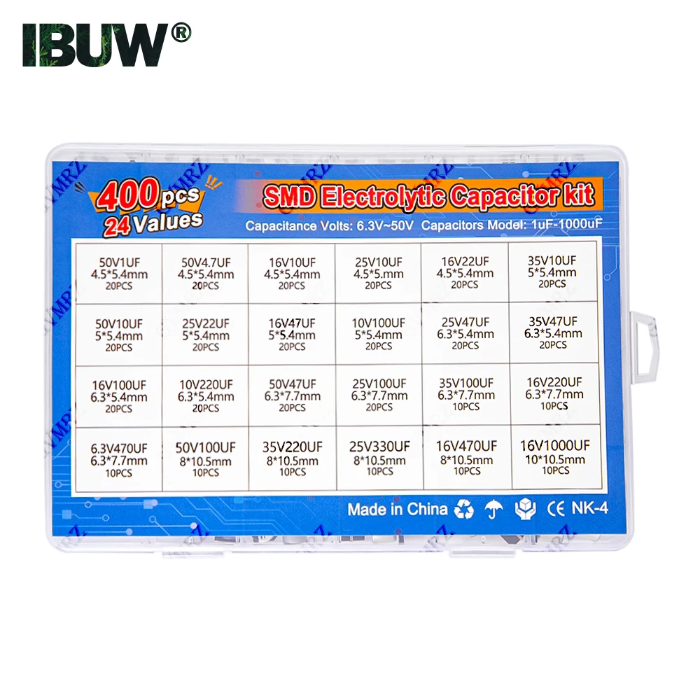 400 قطعة 24 قيمة SMD مُكثَّف كهربائيًا عدة 1 فائق التوهج-1000 فائق التوهج 6.3 فولت-50 فولت لمشاريع الإلكترونيات