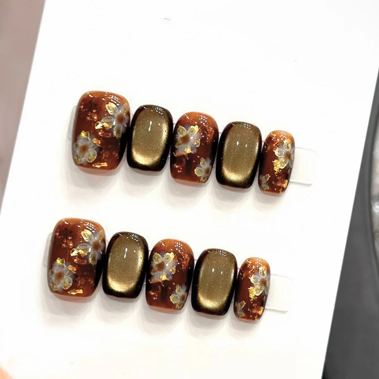 10 قطعة/الحقيبة الخريف البني الأضواء القط العين تأثير ازدهار الزهور اليدوية الصحافة على الأظافر قصيرة مربع انفصال الأظافر كاذبة #1