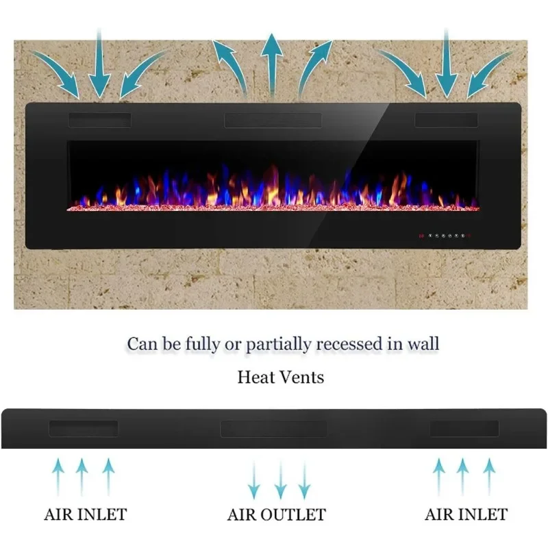 R.W.FLAME 60" Recessed and Wall Mounted Electric Fireplace, Low Noise, Remote Control with Timer, Touch Screen