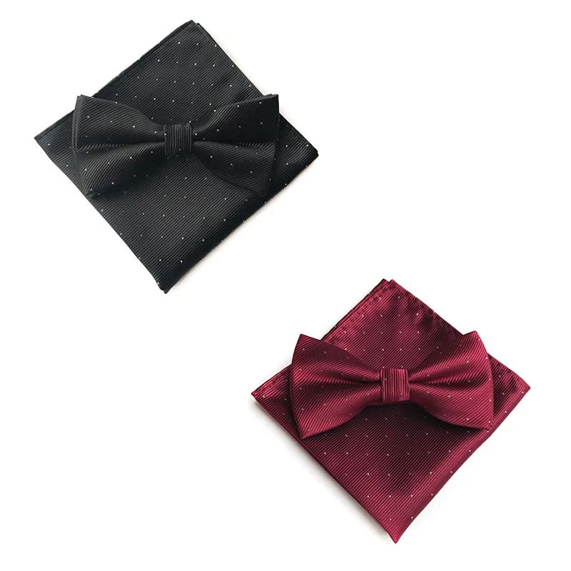 

Hot Sale Wine Black Solid Dot Polyester 12*6CM Bowties 25*25CM Pocket Square for Man Necktie Handkerchief Set Suit Accessories