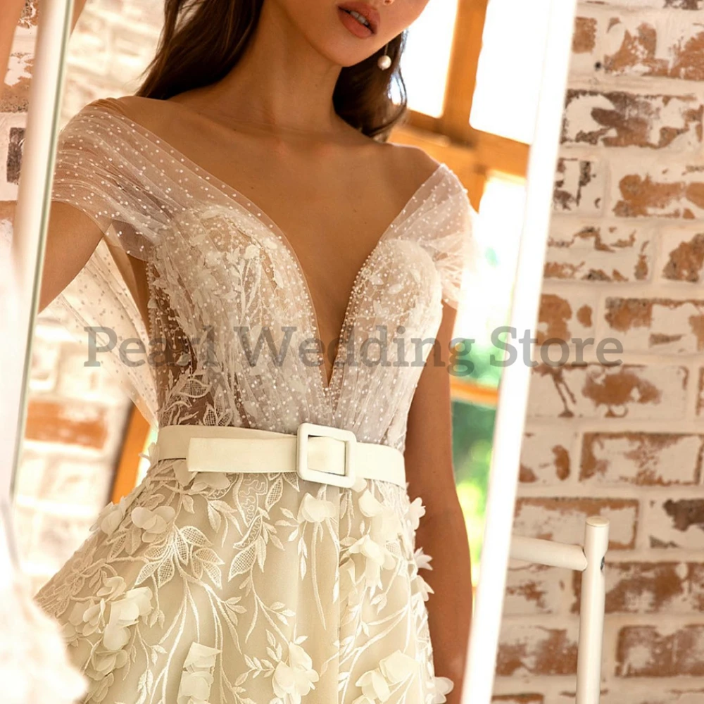 Exquisite Embroidered Wedding Dress Three-dimensional Flower Princess Round Neck Grab Pleats Belt Customized Vestido De Novia