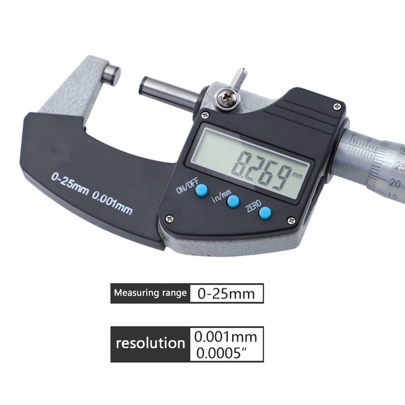 Large Screen Digital Display Metric Micrometer 0-25Mm Outer Diameter Micrometer Accuracy 0.001Mm Spiral Micrometer