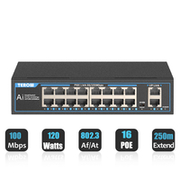 16 Ports POE Switch 100Mbps Ethernet Switch POE Network Switch RJ45 hub IEEE802.3af/at IP Camera Video Surveillance Wireless AP
