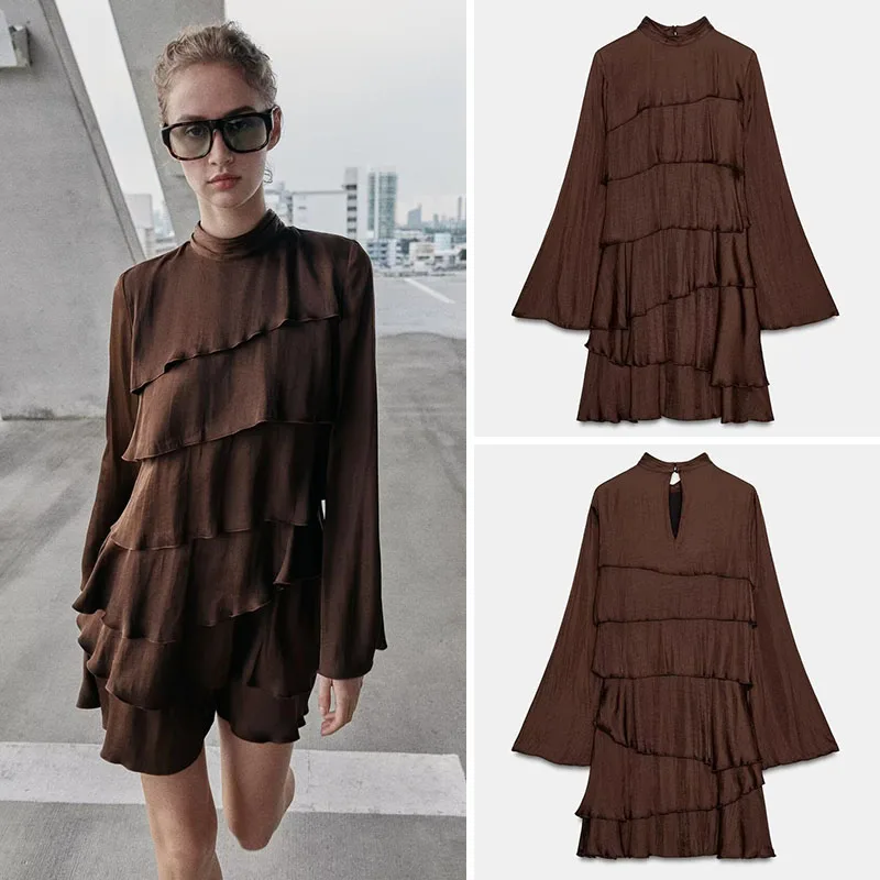 

Spring New Arrival Women's Dr Simple Long Sve Satin ort Dr Layered Decoration Ele Faionable Ladies' Gown