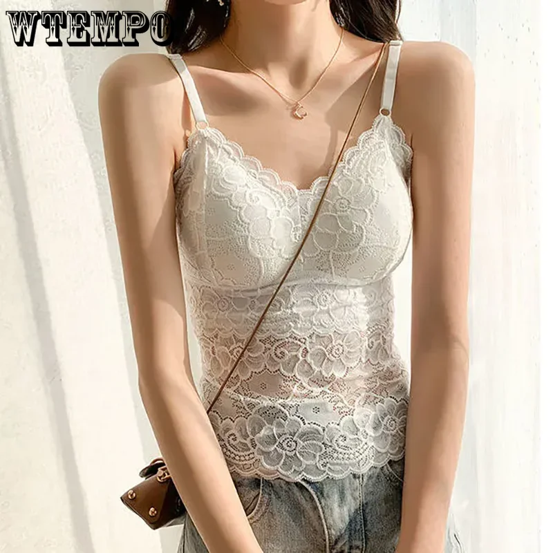 WTEMPO Adjustable Shoulder Strap Cropped Tops Bra with Breast Pad Four Season Camisole Vest Women Long Lace Sexy Base Underwear image 2